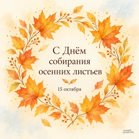 Открытка «День собирания осенних листьев, акварельная открытка с венком из кленовых листьев и ягод»