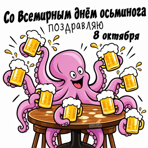 Открытка «Всемирный день осьминога, весёлый осьминог с восемью кружками»