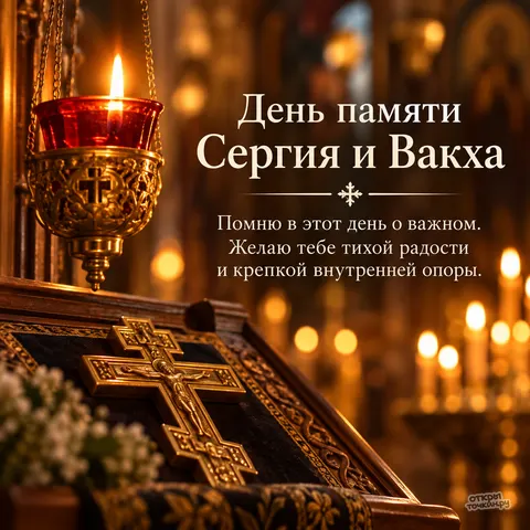 Открытка «День памяти Сергия и Вакха, золотой крест и красная лампада» — День памяти святых мучеников Сергия и Вакха