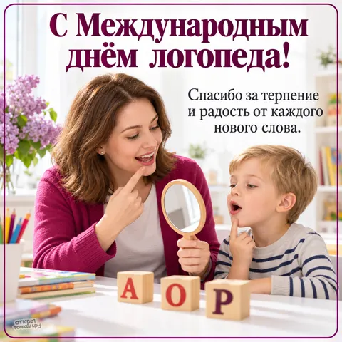Открытка «Международный день логопеда, логопед и мальчик с зеркалом и кубиками а о р»