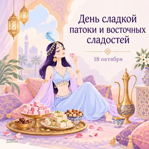 Открытка «День сладкой патоки и восточных сладостей, 18 октября, девушка с угощениями и восточным чайником»