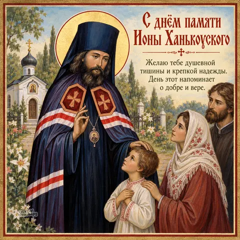 Открытка «День памяти Ионы Ханькоуского, благословение ребёнка у белого храма» — День памяти святителя Ионы Ханькоуского