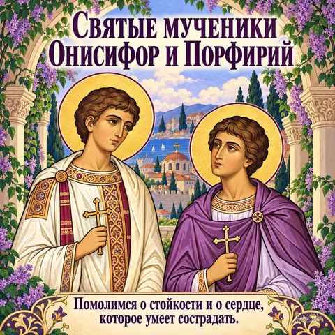 Открытка «День памяти Онисифора и Порфирия, два мученика с крестами у моря и храма»