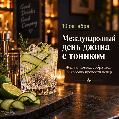 Открытка «Международный день джина с тоником, коктейль в уютном баре с огурцом и свечой»