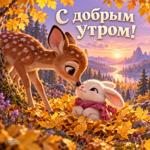 Открытка «С добрым утром» — оленёнок и зайка