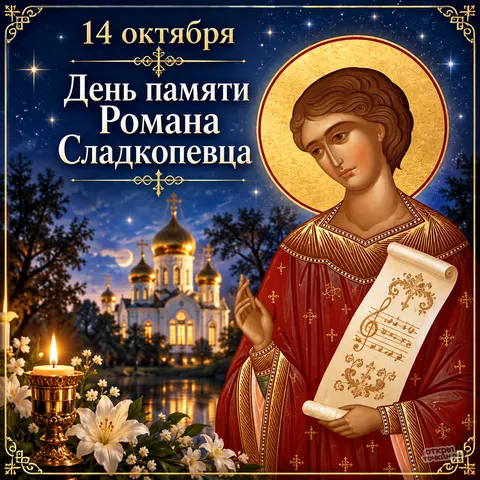 Открытка «День памяти Романа Сладкопевца, 14 октября, икона ночью у храма со свечой и лилиями» — День памяти преподобного Романа Сладкопевца