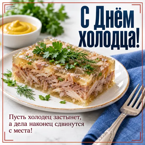 Открытка «День холодца, ломтик холодца с горчицей крупным планом»