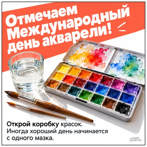 Открытка «Международный день акварели, открытая коробка акварели и кисти»