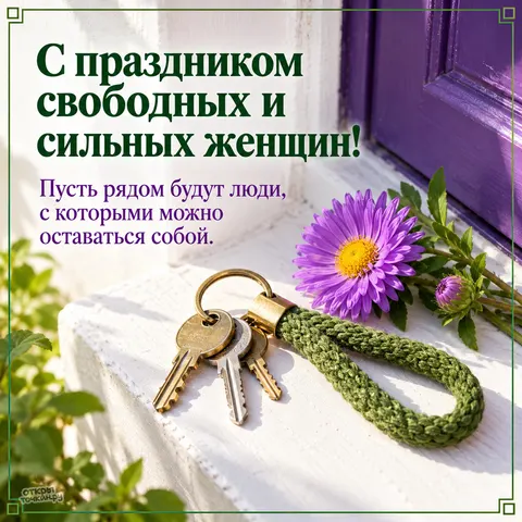 Открытка «День независимых гордых и одиноких женщин, Ключи на плетёном брелоке у фиолетовой двери»