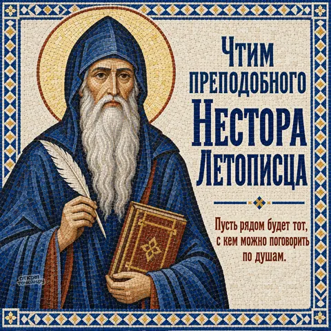 Открытка «День памяти преподобного Нестора Летописца, мозаичный портрет Нестора с пером и книгой»