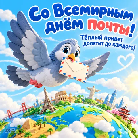 Открытка «Со Всемирным днём почты, голубь с письмом над планетой»