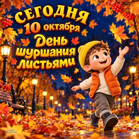 Открытка «День шуршания листьями, озорной мальчик среди листопада»