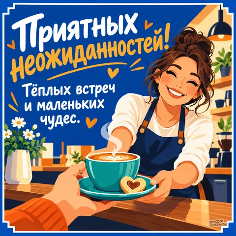 Открытка «Праздник приятных неожиданностей, бариста протягивает латте с сердечком и печенье»