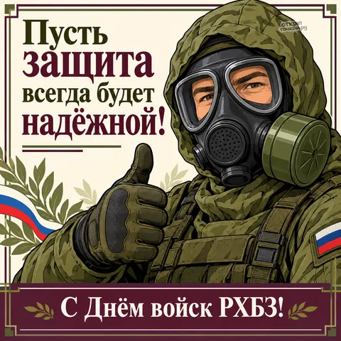 Открытка «День войск РХБЗ, боец в противогазе и костюме защиты с жестом одобрения» — День войск радиационной, химической и биологической защиты