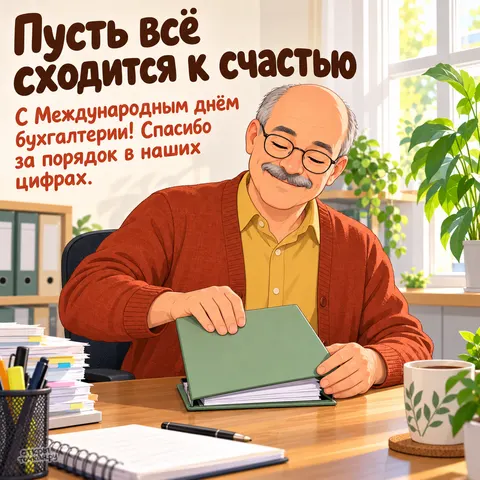 Открытка «Международный день бухгалтерии, бухгалтер с папкой и стопкой документов»
