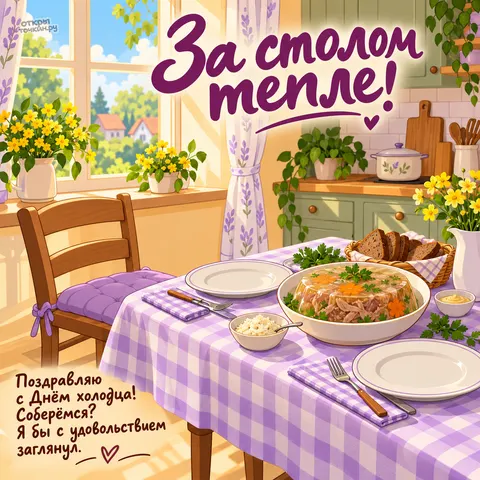 Открытка «День холодца, за столом тёпле и холодец на клетчатой скатерти»