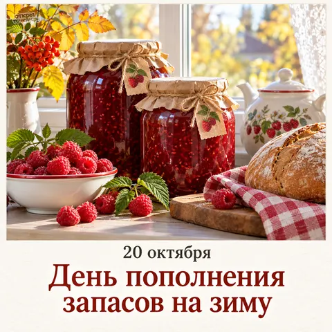 Открытка «День пополнения запасов на зиму, банки малинового варенья на подоконнике»