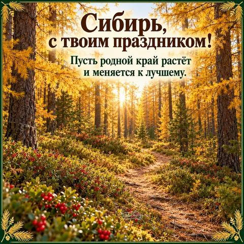 Открытка «День Сибири, осенняя лиственничная тропа с брусникой»