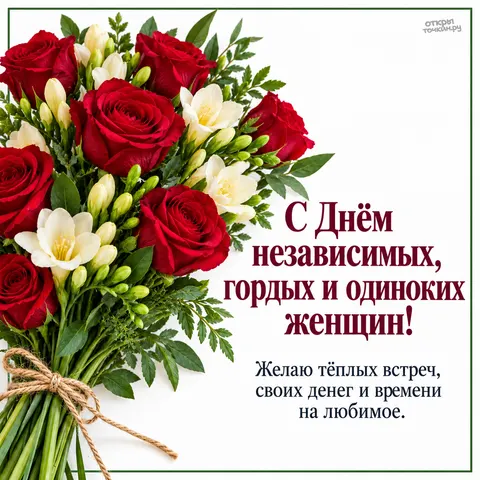 Открытка «День независимых гордых и одиноких женщин, Букет красных роз и белых цветов»