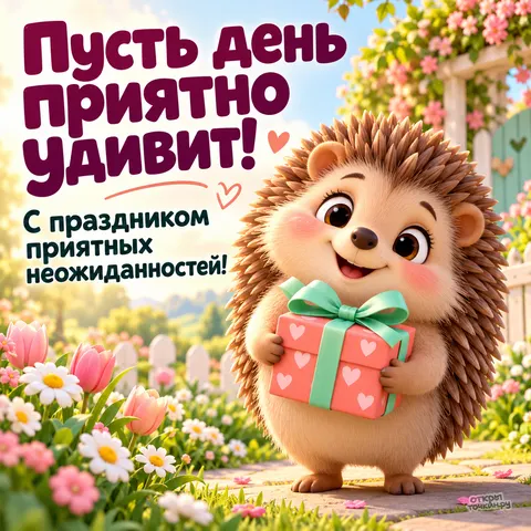 Открытка «Праздник приятных неожиданностей, ёжик с розовым подарком среди тюльпанов и ромашек»