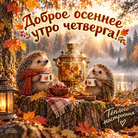 Открытка «Доброе утро четверг, ёжики у самовара у озера»