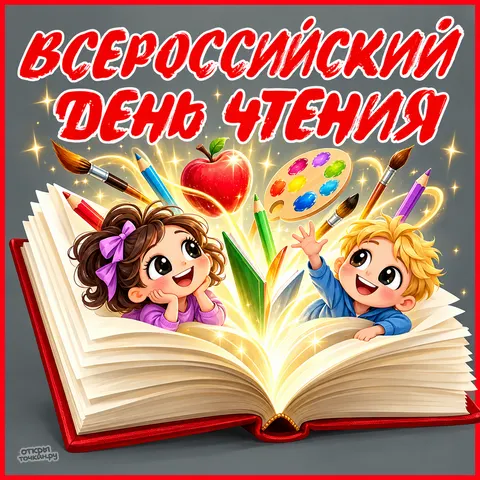 Открытка «Всероссийский день чтения, волшебная книга и юные читатели»