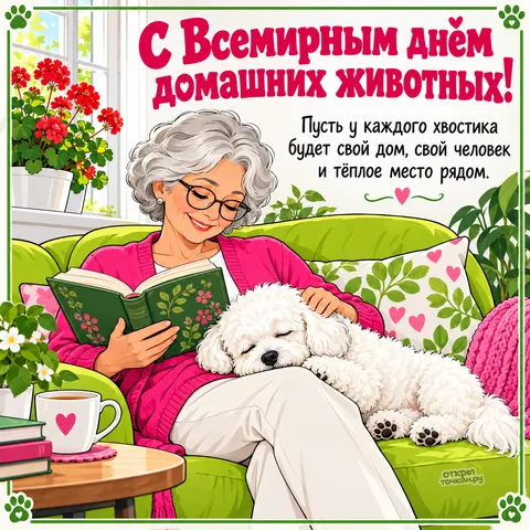 Открытка «Всемирный день домашних животных, бабушка с белой собакой на зелёном диване главные по уюту»