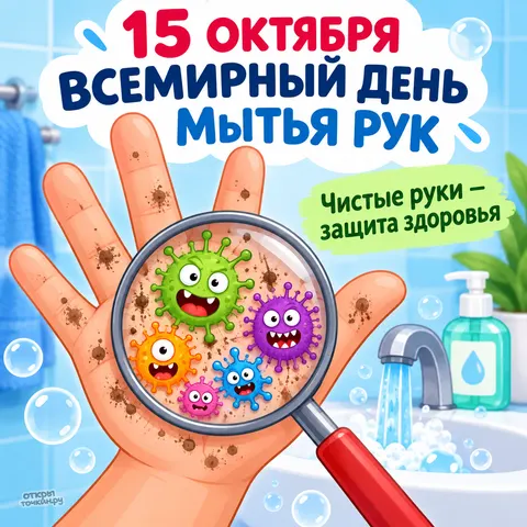 Открытка «Всемирный день мытья рук, микробы под лупой на грязной ладони, чистые руки — защита здоровья»