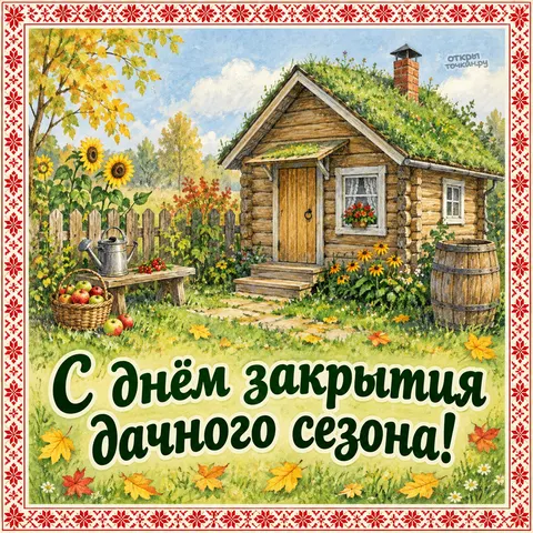 Открытка «Закрытие дачного сезона, домик с травяной крышей»