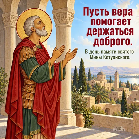 Открытка «День памяти великомученика Мины Котуанского, Мина молится на балконе с видом на город»