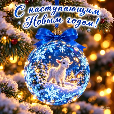 Открытка «С Наступающим Новым годом, белый козлик в синем елочном шаре с домиком» — Канун Нового года