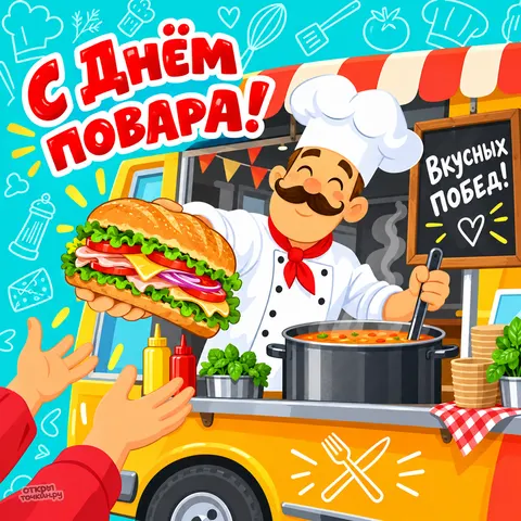 Открытка «День повара, повар в фургоне с супом»