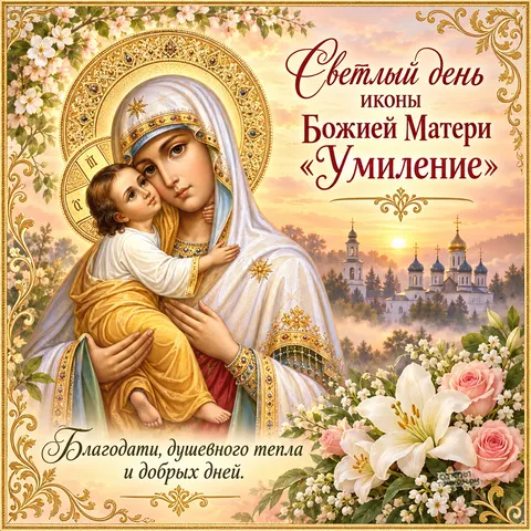 Открытка «Икона Умиление Псково-Печерская, светлый день иконы с розами и лилиями» — Праздник Псково-Печерской иконы Божией Матери «Умиление»