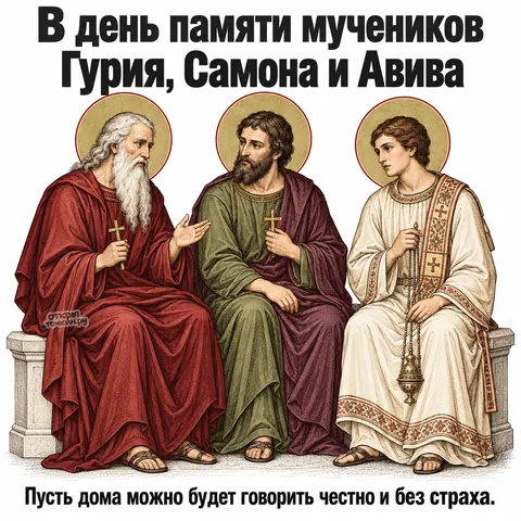 Открытка «День памяти Гурия Самона и Авива, трое мучеников беседуют на каменной скамье гравюра»