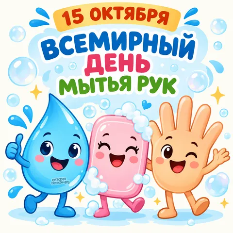 Открытка «Всемирный день мытья рук, мультяшные капля, мыло и ладошка, 15 октября»
