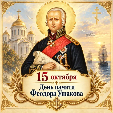 Открытка «Праведный воин Феодор Ушаков, 15 октября, день памяти, портрет с картой, собор и парусники на закате»