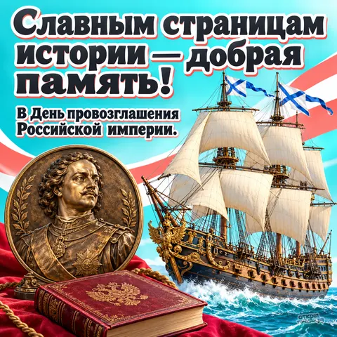 Открытка «День провозглашения Российской империи, медальон и фрегат с Андреевским флагом, книга и золотой канат»