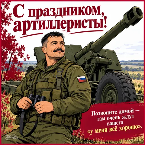 Открытка «День ракетных войск и артиллерии, артиллерист с биноклем у гаубицы»
