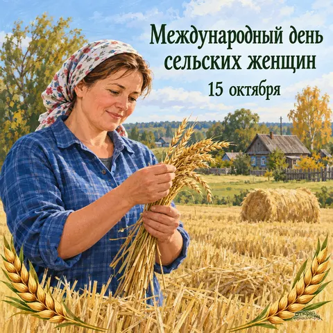Открытка «День сельских женщин с пшеничными колосьями и деревенским пейзажем»