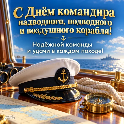 Открытка «С Днём командира корабля, белая фуражка компас и морской пейзаж» — День командира надводного, подводного и воздушного корабля