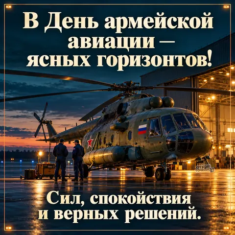 Открытка «День армейской авиации, вертолёт у ангара на вечернем аэродроме, техники у машины» — День армейской авиации России