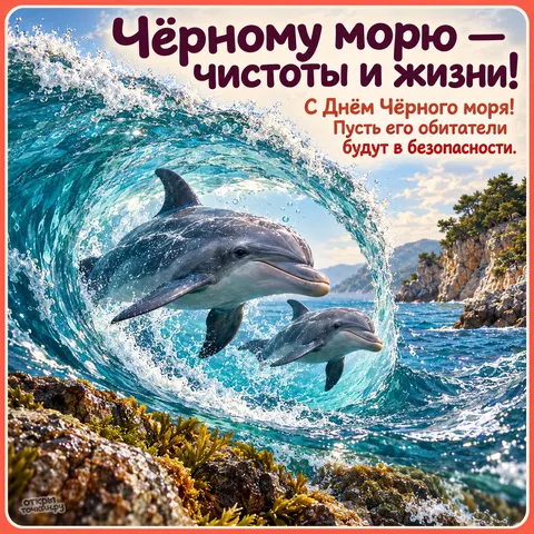 Открытка «День Чёрного моря, два дельфина сквозь круговую волну, скалистый берег, чистота и жизнь моря»