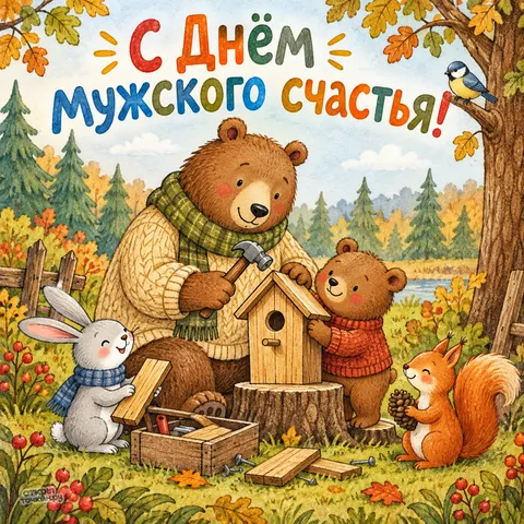 Открытка «День мужского счастья, медведь с медвежонком строят скворечник в лесу»