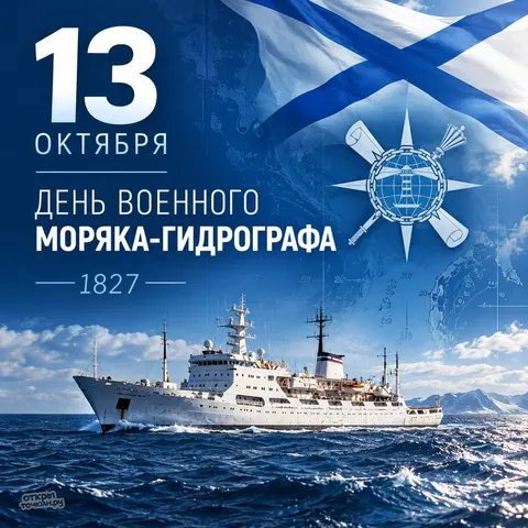 Открытка «День военного моряка-гидрографа, белый корабль и Андреевский флаг» — День гидрографической службы ВМФ РФ