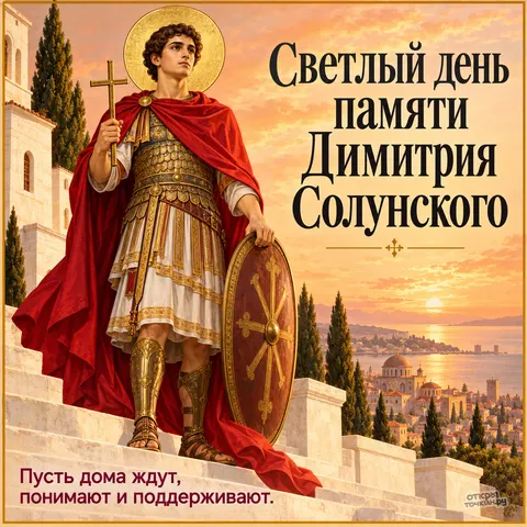 Открытка «День памяти великомученика Димитрия Солунского, Димитрий на ступенях со щитом у монастыря»