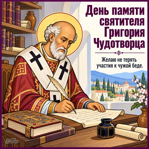 Открытка «День памяти Григория Чудотворца, святитель пишет пером за столом у окна с морем»