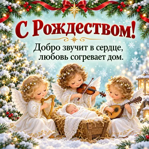 Открытка «С Рождеством Христовым, ангелы музыканты у рождественских яслей»