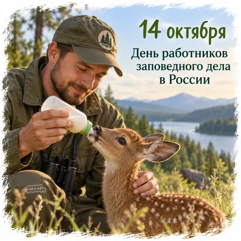 Открытка «День заповедного дела, егерь кормит оленёнка из бутылочки на фоне лесного озера» — День работников заповедного дела