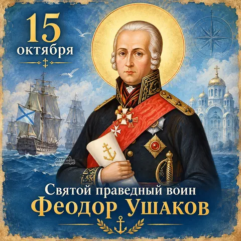 Открытка «Праведный воин Феодор Ушаков, 15 октября, икона со свитком и крестом-якорем, корабли и собор»