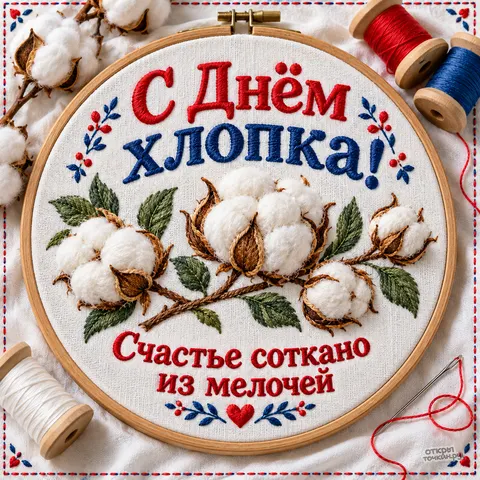 Открытка «С Днём хлопка, вышивка в пяльцах»